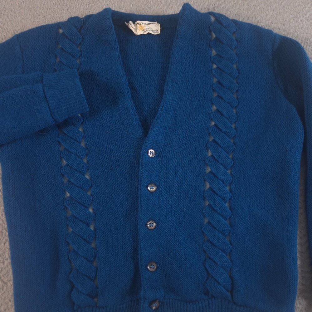 VINTAGE Silverwoods Sweater Mens M Teal Open Knit Cable Cardigan Wool 60s 70s - Picture 1 of 13